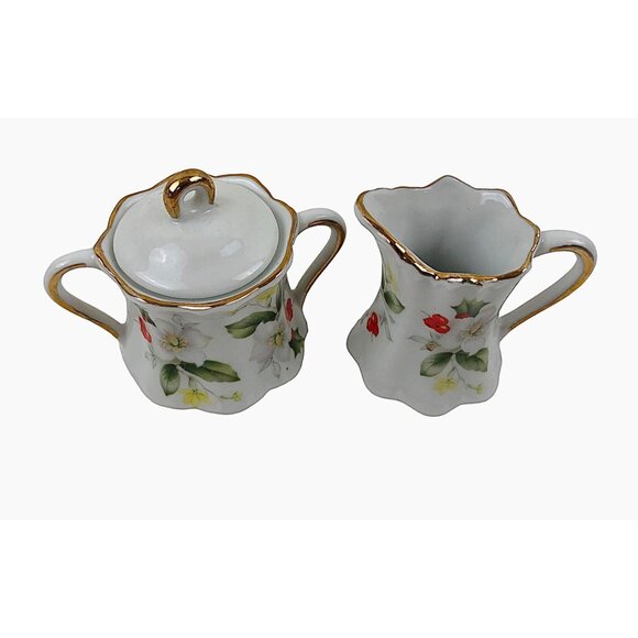 Vintage Porcelain Mini Creamer Sugar Set Floral Design Berries Leaves Gold Trim - Picture 2 of 10